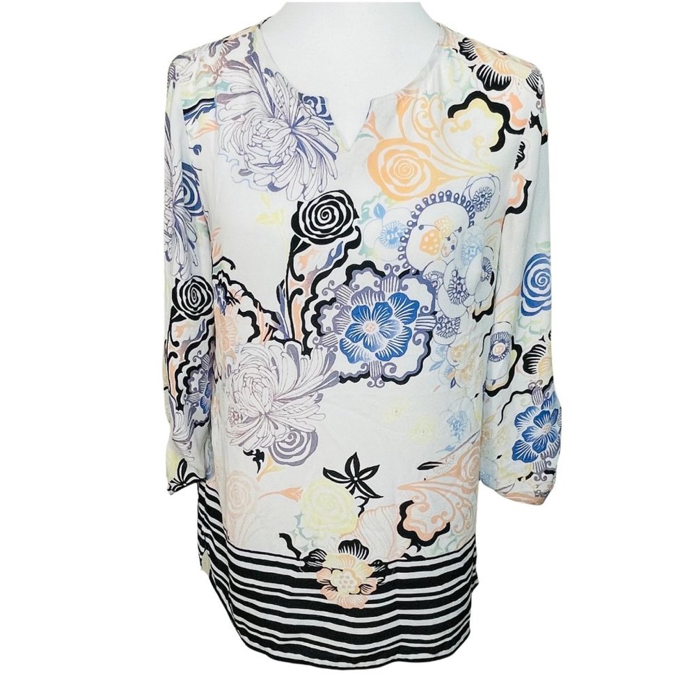Chico’s Floral White Pullover Tunic Blouse Size Small